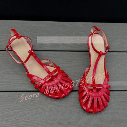Red Caged Toe Sandals Women Sexy T-bar Round Toe Ankle Strap High Heels Shoes Ladies Casual Patent Leather Sandals