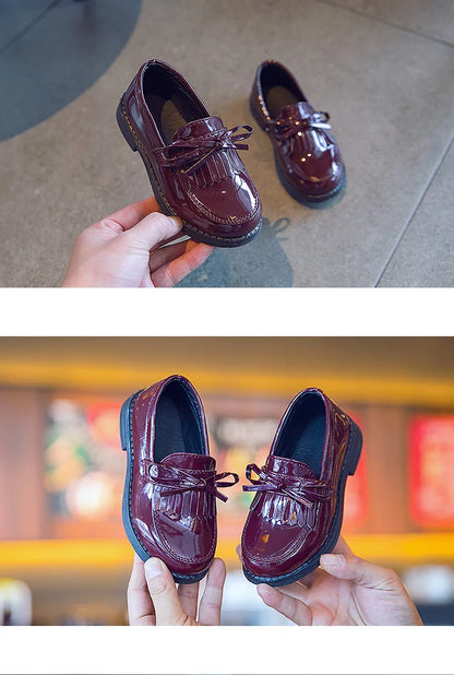 Girls Casual Leather Shoes Kids Flats Tassels with Bow-knot British Style Soft Slip-on Loafers for Wedding Party Bright Skin New - Prolificstore