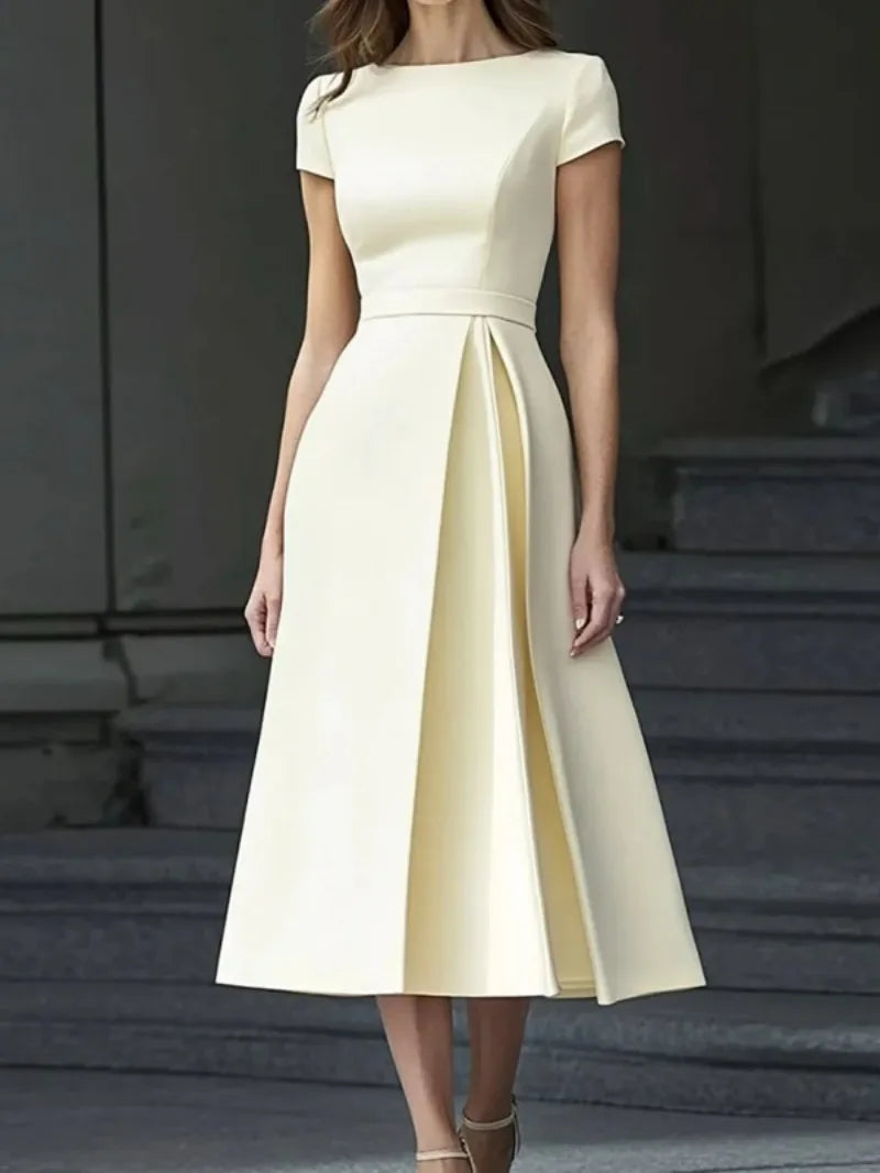 Formal Pleated Dresses Woman 2026 Spring Summer Apricot Short Sleeve High Waist Bridal Guest Elegant Long Dress 197365 - Prolificstore