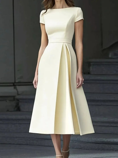 Formal Pleated Dresses Woman 2026 Spring Summer Apricot Short Sleeve High Waist Bridal Guest Elegant Long Dress 197365 - Prolificstore