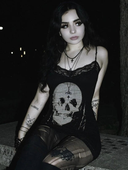 AltGoth Cyber Punk Gothic Dress Women Streetwear Harajuku Skull Printed Sleeveless High Waist Bodycon Dress Grunge Rave Outfits