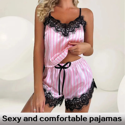 Two Piece Women's V-Neck Sexy Lace Suspender Pajama Shorts Set Casual Women's Sleeveless Sexy Pajama Set - Prolificstore
