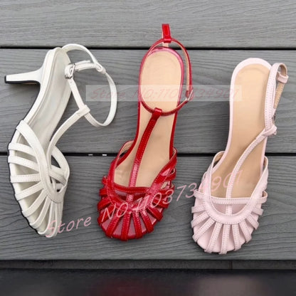 Red Caged Toe Sandals Women Sexy T-bar Round Toe Ankle Strap High Heels Shoes Ladies Casual Patent Leather Sandals