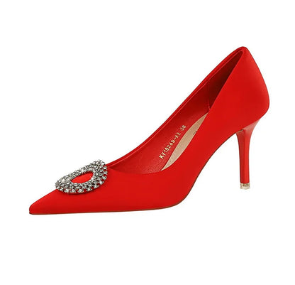 2025 New Shallow Mouth Women's Pumps Fashion Satin Rhinestone Round Buckle Stiletto Solid Color Pointed Sexy Ladies Single Shoes