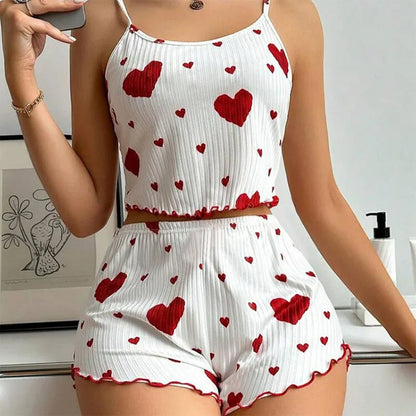 Women's Pajamas Set Sleepwear 2 PCS Short Tank Tops And Shorts S M L White Ventilate Soft Casual Love Printing - Prolificstore