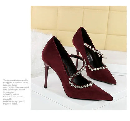 Gorgeous Women's Pumps Rhinestone Chain One Word Strap Design Fashion  Angola Red 10cm High Heels Ladies Nightclub Single Shoes - Prolificstore