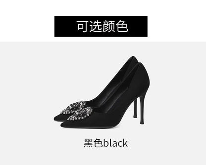 Black Velvet Womens High Heels Elegant Stiletto Pointed Toe Cover Heel Round Flower Pumps Rhinestone Satin Spring Autumn Shoes