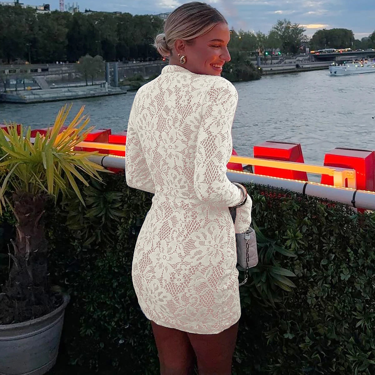 Hugcitar Turtleneck Long Flare Sleeve Patchwork Lace Hollow Out Button Sexy Mini Dress 2025 Spring Women Clothes Party Nightclub - Prolificstore