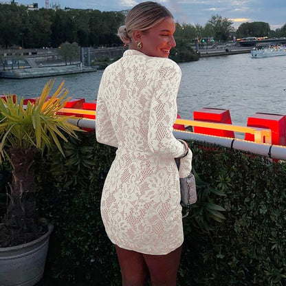 Hugcitar Turtleneck Long Flare Sleeve Patchwork Lace Hollow Out Button Sexy Mini Dress 2025 Spring Women Clothes Party Nightclub - Prolificstore