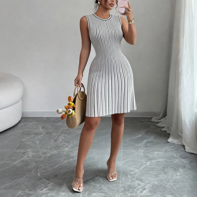 Women's Black Striped Sleeveless Crew Neck Elastic Sundress Ribbed Knit A-Line Mini Dress Casual Summer Party Vacation Dress