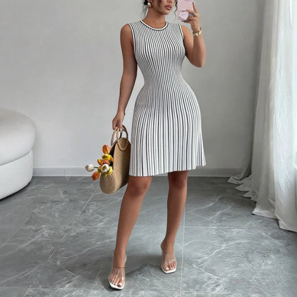 Women's Black Striped Sleeveless Crew Neck Elastic Sundress Ribbed Knit A-Line Mini Dress Casual Summer Party Vacation Dress