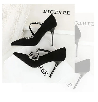 Gorgeous Women's Pumps Rhinestone Chain One Word Strap Design Fashion  Angola Red 10cm High Heels Ladies Nightclub Single Shoes - Prolificstore