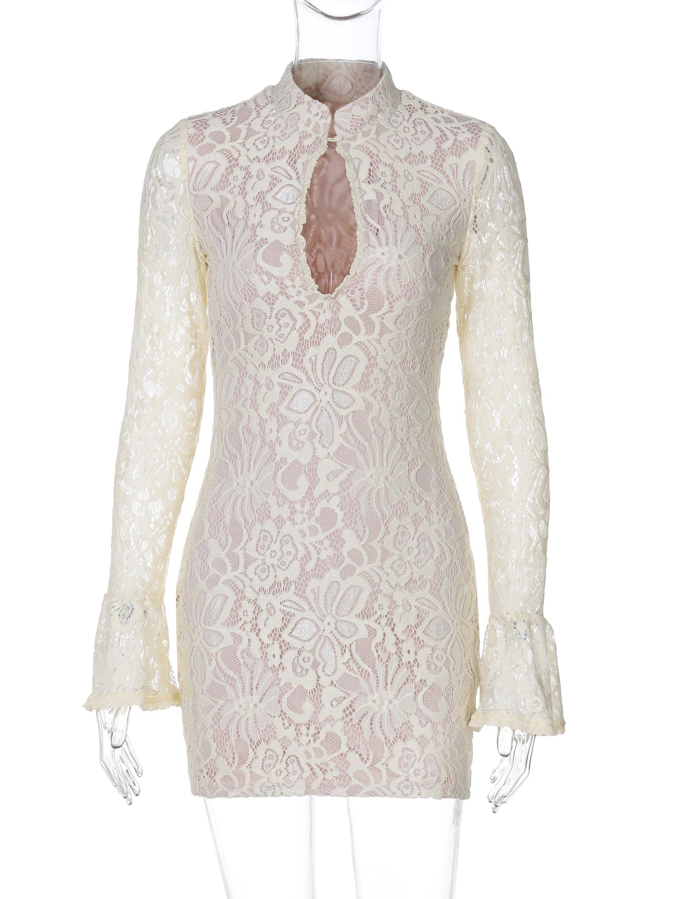 Hugcitar Turtleneck Long Flare Sleeve Patchwork Lace Hollow Out Button Sexy Mini Dress 2025 Spring Women Clothes Party Nightclub - Prolificstore