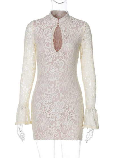 Hugcitar Turtleneck Long Flare Sleeve Patchwork Lace Hollow Out Button Sexy Mini Dress 2025 Spring Women Clothes Party Nightclub - Prolificstore