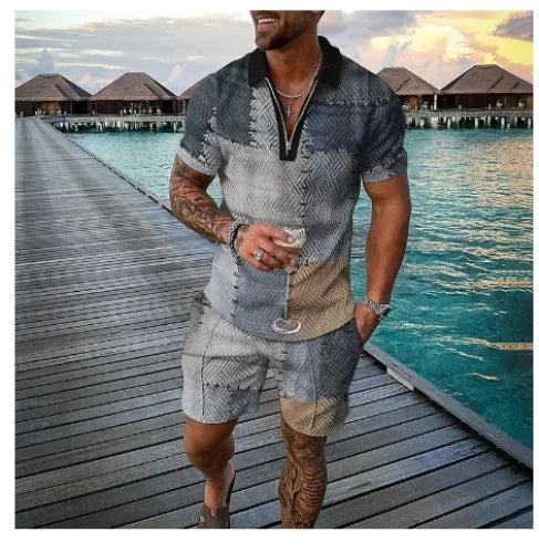 Summer New Men's 3D Printing Short Sleeve Zipper Polo Shirt Shorts Set  Men Casual  2-piece Vacation Beach Set - Prolificstore