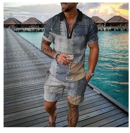 Summer New Men's 3D Printing Short Sleeve Zipper Polo Shirt Shorts Set  Men Casual  2-piece Vacation Beach Set - Prolificstore