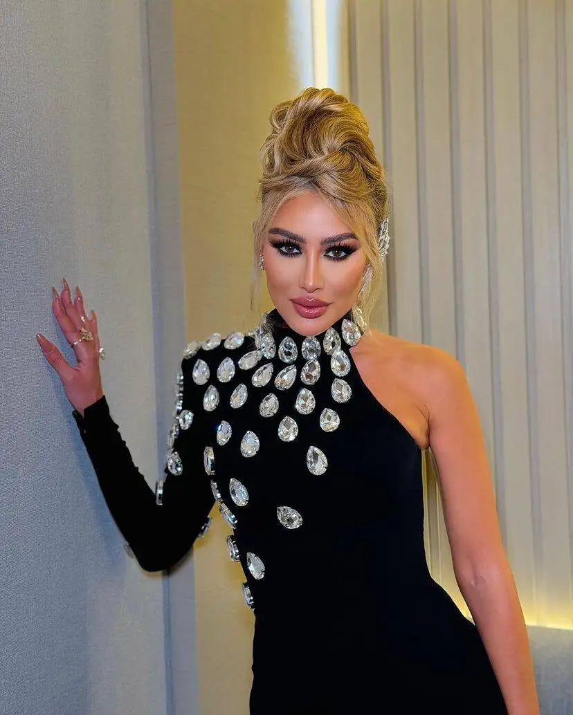 Fashion Women Celebrity Sexy Single Sleeve Rhinestone Black Maxi Long Bodycon Bandage Dress Elegant Evening Club Party Dress - Prolificstore