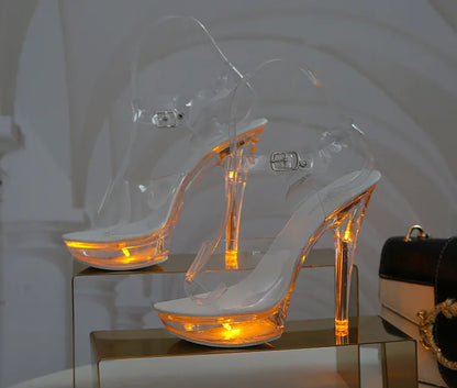 Summer Led Illuminated Women Slippers Super High Heel 13cm Crystal Ankle Buckle Sandals Transparent Platform Female Party Shoes