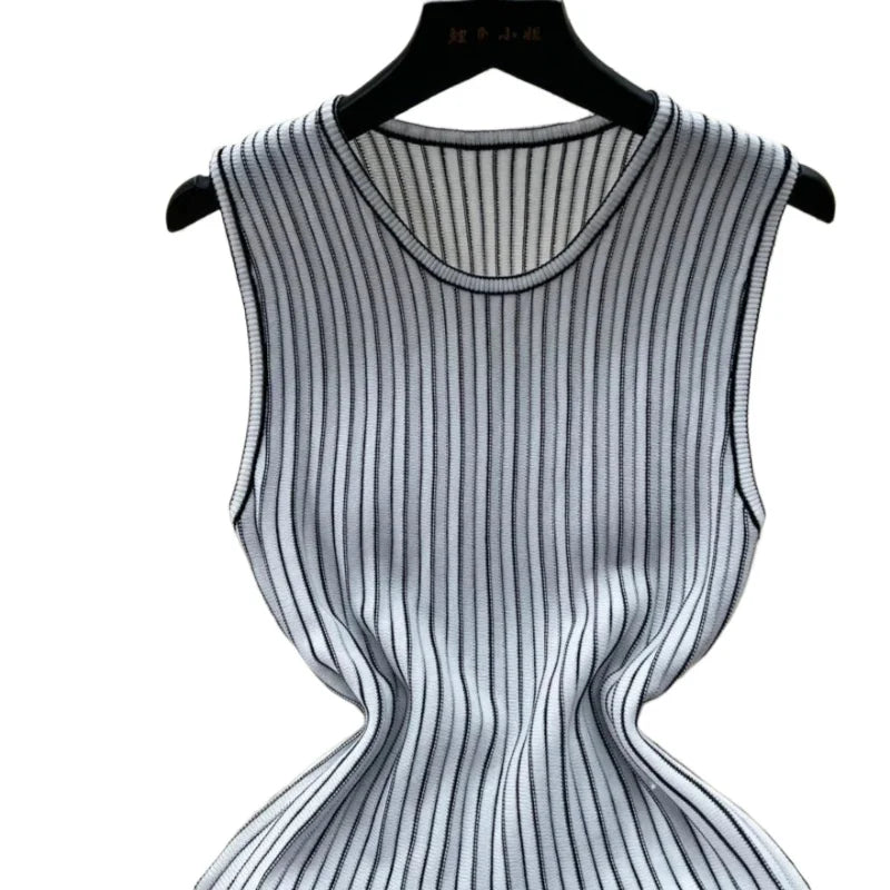 Women's Black Striped Sleeveless Crew Neck Elastic Sundress Ribbed Knit A-Line Mini Dress Casual Summer Party Vacation Dress
