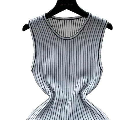 Women's Black Striped Sleeveless Crew Neck Elastic Sundress Ribbed Knit A-Line Mini Dress Casual Summer Party Vacation Dress