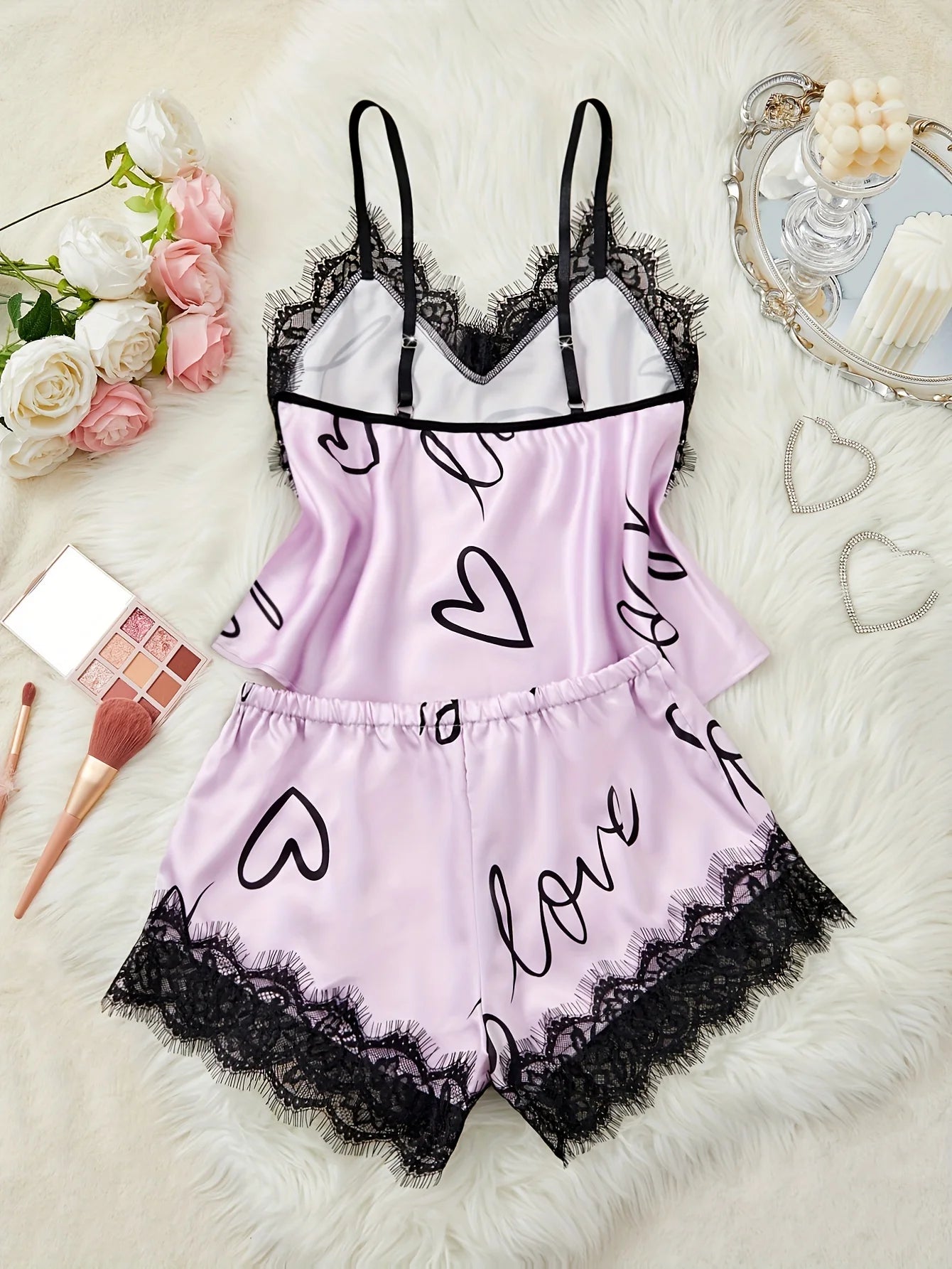 Women‘s Milk Silk Pajamas Set Summer Sleeveless Yellow Heart Print Lace Trim Soft Summer Sleepwear Lounge Sets Nightwear - Prolificstore