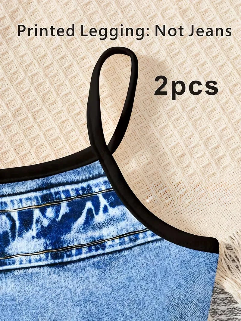Girls 2-Piece Faux Denim Outfit – Denim Print Cami Crop Top & Pleated Mini Skirt Set (Non-Denim Fabric)