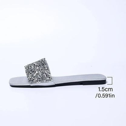 Women's Fashion Silver Sequin Flat Sandals 2025 Summer Open Toe Outdoor Slippers Woman Plus Size 43 Footwear Zapatos De Mujer
