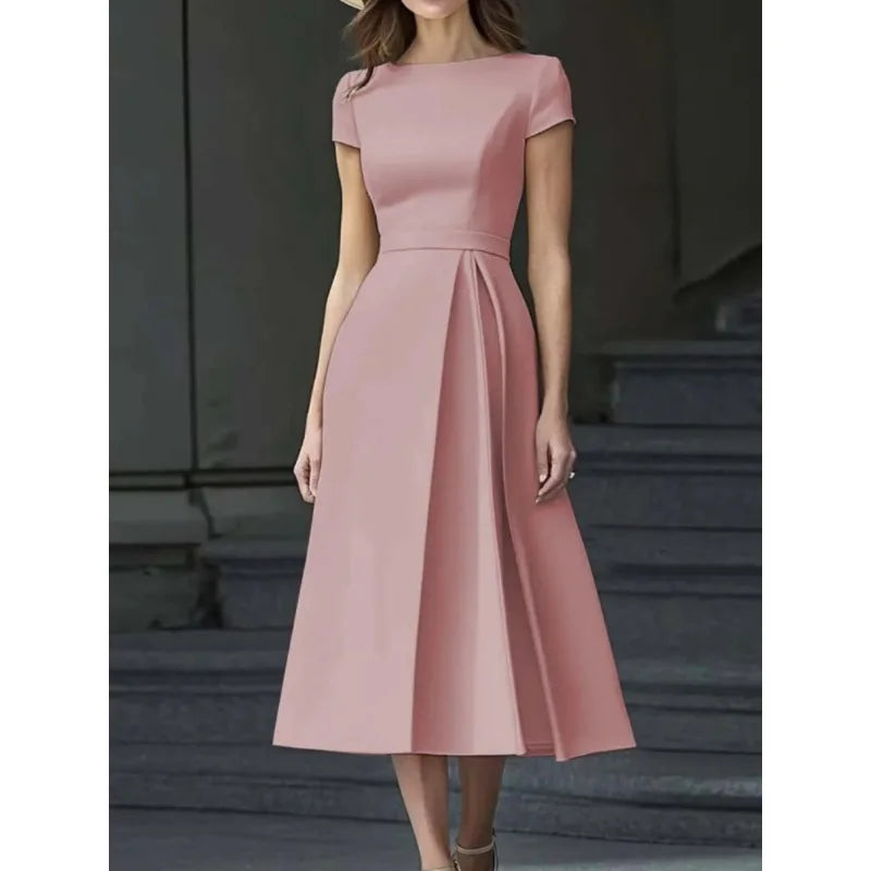 Formal Pleated Dresses Woman 2026 Spring Summer Apricot Short Sleeve High Waist Bridal Guest Elegant Long Dress 197365 - Prolificstore