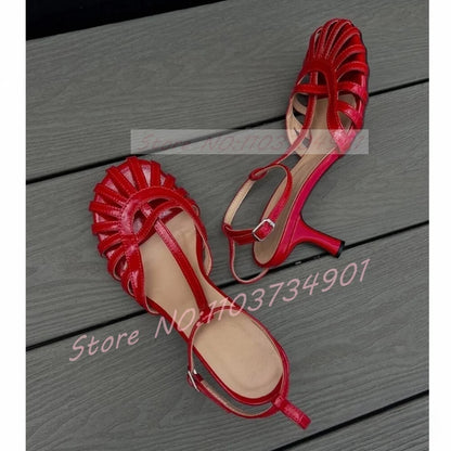 Red Caged Toe Sandals Women Sexy T-bar Round Toe Ankle Strap High Heels Shoes Ladies Casual Patent Leather Sandals