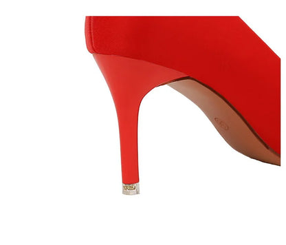 2025 New Shallow Mouth Women's Pumps Fashion Satin Rhinestone Round Buckle Stiletto Solid Color Pointed Sexy Ladies Single Shoes