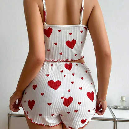 Women's Pajamas Set Sleepwear 2 PCS Short Tank Tops And Shorts S M L White Ventilate Soft Casual Love Printing - Prolificstore