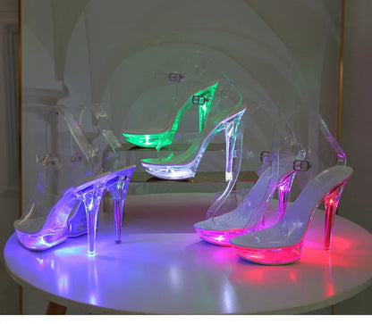 Summer Led Illuminated Women Slippers Super High Heel 13cm Crystal Ankle Buckle Sandals Transparent Platform Female Party Shoes