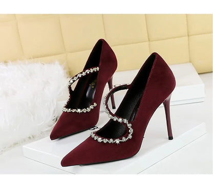 Gorgeous Women's Pumps Rhinestone Chain One Word Strap Design Fashion  Angola Red 10cm High Heels Ladies Nightclub Single Shoes - Prolificstore
