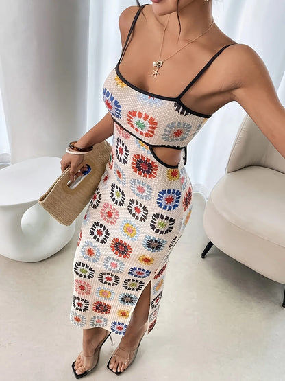 Elegant Backless Floral Print Bodycon Dress for Women Sleeveless Gown