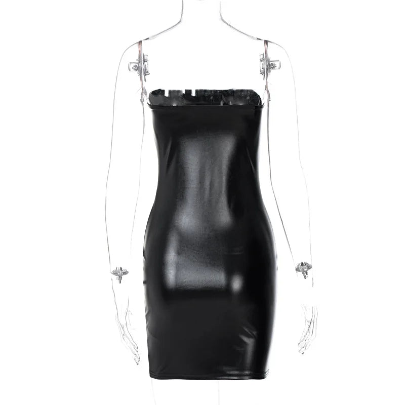Hugcitar Pu Faux Leather Tube Mini Dress For Women Bodycon Sexy Streetwear Party Club Y2K Clothing Outfits Festival - Prolificstore