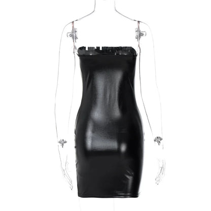 Hugcitar Pu Faux Leather Tube Mini Dress For Women Bodycon Sexy Streetwear Party Club Y2K Clothing Outfits Festival - Prolificstore