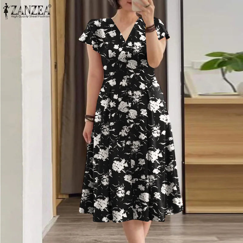 ZANZEA Summer OL Work Ruffle Sleeve Women Midi Dress  Casual Floral Print A-line Vestidos V Neck Waist Party Sundress Oversized - Prolificstore