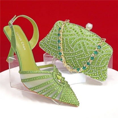 2025 Elegant Fruit Green Women's Green Heels and Rhinestone Handbag Set - Italian Design for Weddings and Parties