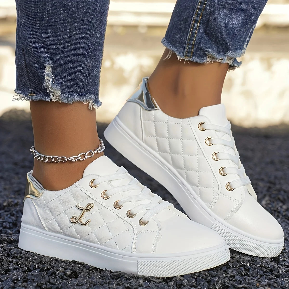 Fashion Lightweight Women's Sneakers - Black, White and Gold Embellished, Lace-Up Low-Top Casual Shoes for All Seasons - Prolificstore