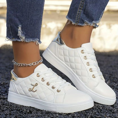 Fashion Lightweight Women's Sneakers - Black, White and Gold Embellished, Lace-Up Low-Top Casual Shoes for All Seasons - Prolificstore
