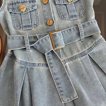 Summer New Girls Denim Dress Belt Decoration Lapel Collar Sleeveless Tutu Princess Dress For 2 -10 Years Kids Fashion Dress