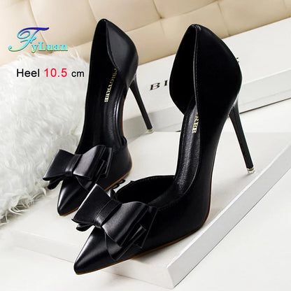 2025 High Heels 10.5cm Women's Shoes Side Hollowed Out Slim Heels Shallow Mouth Lady Pumps Butterfly-Knot Stiletto Banquet Shoes
