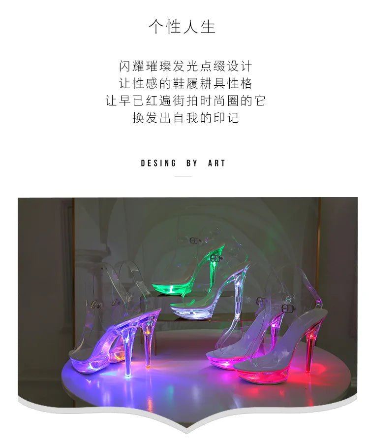 Summer Led Illuminated Women Slippers Super High Heel 13cm Crystal Ankle Buckle Sandals Transparent Platform Female Party Shoes