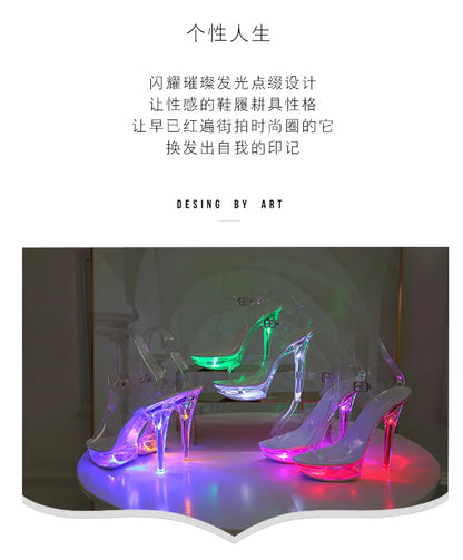 Summer Led Illuminated Women Slippers Super High Heel 13cm Crystal Ankle Buckle Sandals Transparent Platform Female Party Shoes
