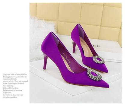 2025 New Shallow Mouth Women's Pumps Fashion Satin Rhinestone Round Buckle Stiletto Solid Color Pointed Sexy Ladies Single Shoes