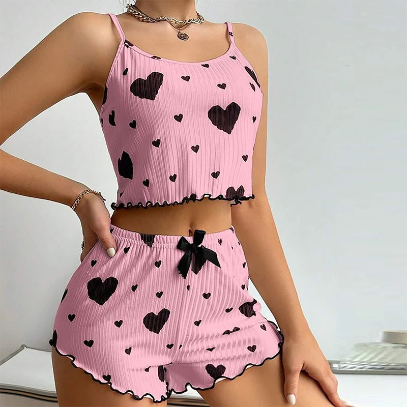 Women's Pajamas Set Sleepwear 2 PCS Short Tank Tops And Shorts S M L White Ventilate Soft Casual Love Printing - Prolificstore
