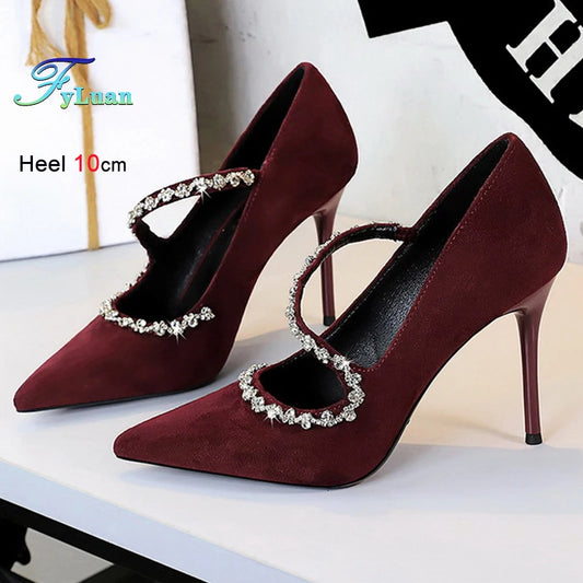 Gorgeous Women's Pumps Rhinestone Chain One Word Strap Design Fashion  Angola Red 10cm High Heels Ladies Nightclub Single Shoes
