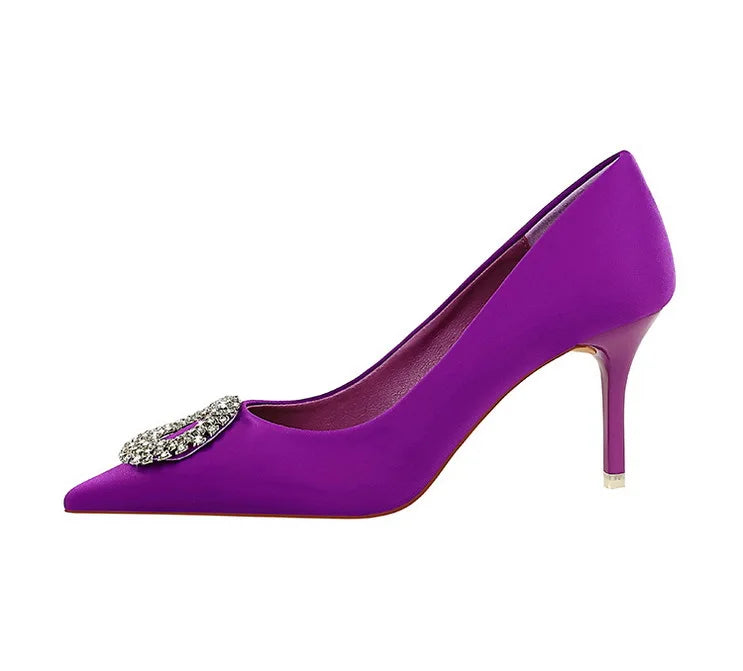 2025 New Shallow Mouth Women's Pumps Fashion Satin Rhinestone Round Buckle Stiletto Solid Color Pointed Sexy Ladies Single Shoes
