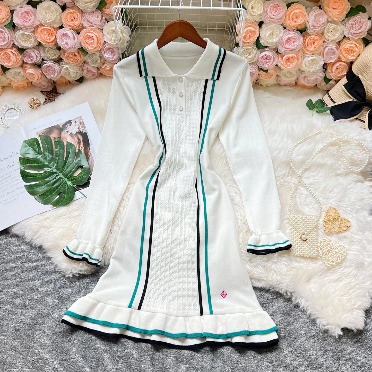YuooMuoo Chic Fashion Sexy Package Hips Knitted Mini Dress 2026 Summer Vintage Turn-down Collar Ruffled Party Dress Streetrwear - Prolificstore