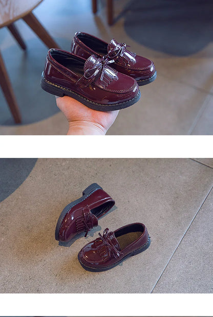 Girls Casual Leather Shoes Kids Flats Tassels with Bow-knot British Style Soft Slip-on Loafers for Wedding Party Bright Skin New - Prolificstore
